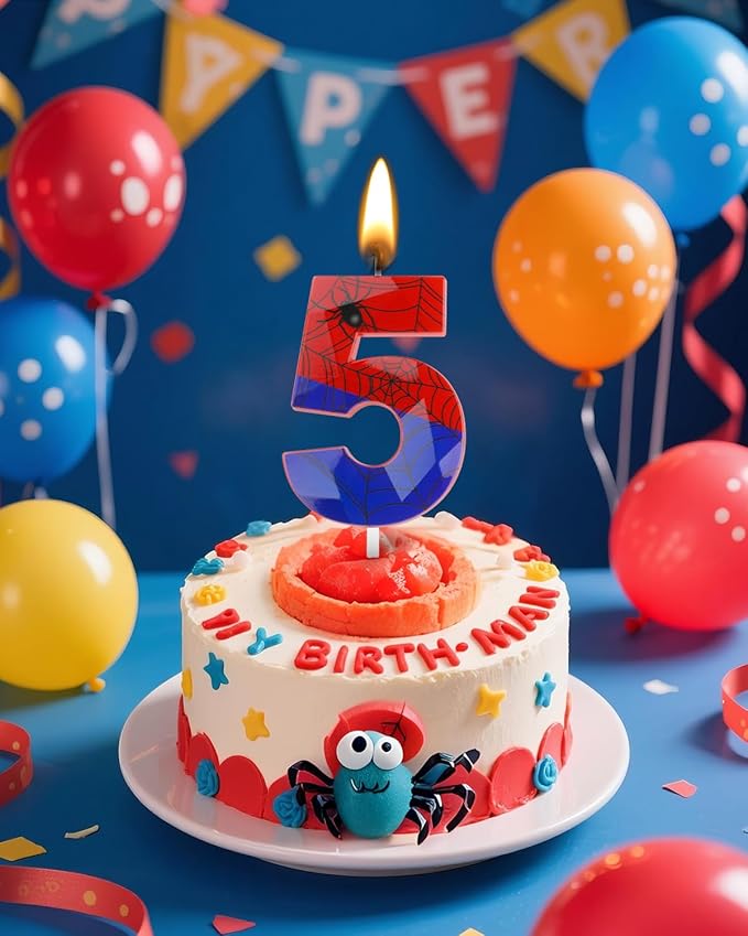 Number 5 Spider Themed Birthday Candle, 2.68 Inch Red Blue Spider Birthday Candles, Number Candles Birthday Cake Toppers Web Candles for Boy Girl Spider Party Decoration Supplies Halloween Party