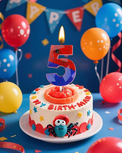 Number 5 Spider Themed Birthday Candle, 2.68 Inch Red Blue Spider Birthday Candles, Number Candles Birthday Cake Toppers Web Candles for Boy Girl Spider Party Decoration Supplies Halloween Party