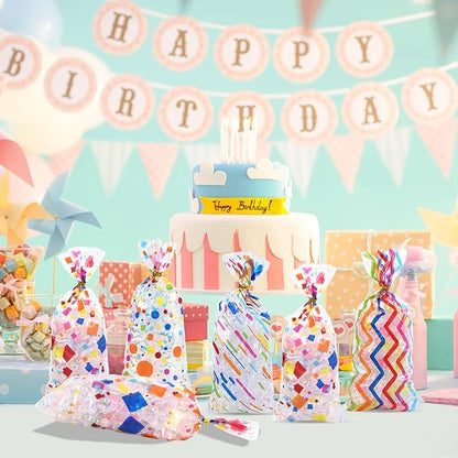 100 Pcs Rainbow Cellophane Bags 5 X 11 Inch Plastic Candy Gift Bag with Twist Ties for Valentine's Day and Birthday Favors Gift Cookie Weddings Packing Party Favor Supplies