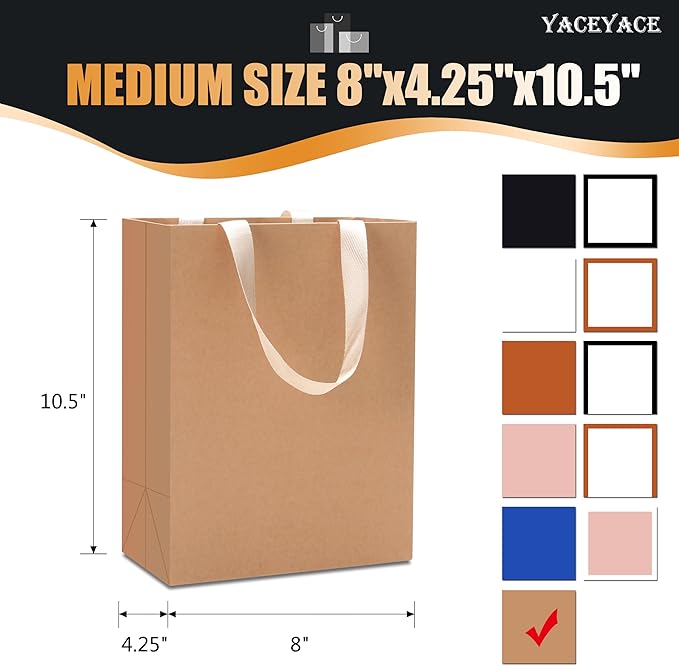 Brown Kraft Paper Gift Bags, 20pcs Medium Size, 8"x4.25"x10.5" - Perfect for Parties, Birthdays, Weddings, Shopping & Retail