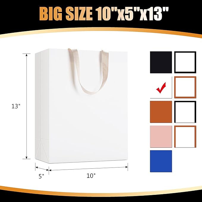 White Kraft Bags with Handles, 10Pcs 10"x5"x13" Large White Paper Gift Bags, Wedding & Birthday Occasion