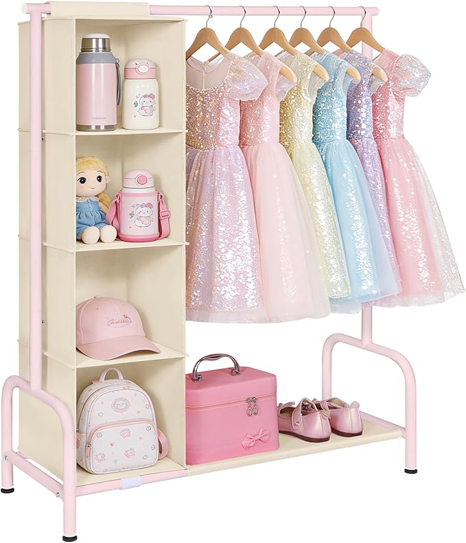 Univivi Kids Clothing Rack with Hanging Organizer, Short Toddler Dress Up Storage Rack for Hanging Clothes, Kids Wardrobe Closet for Baby Clothes, Dance Costumes, Pink/Beige