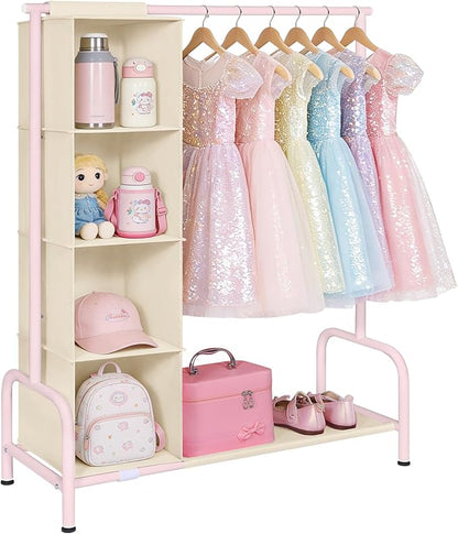 Univivi Kids Clothing Rack with Hanging Organizer, Short Toddler Dress Up Storage Rack for Hanging Clothes, Kids Wardrobe Closet for Baby Clothes, Dance Costumes, Pink/Beige