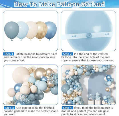 156Pcs Dusty Blue Balloons Arch Garland Kit, Dusty Baby Pastel Blue Chrome Gold Blue Sand White Confetti Balloon for Boy Baby Shower Decorations Bridal Shower Gender Reveal Birthday Party Supplies