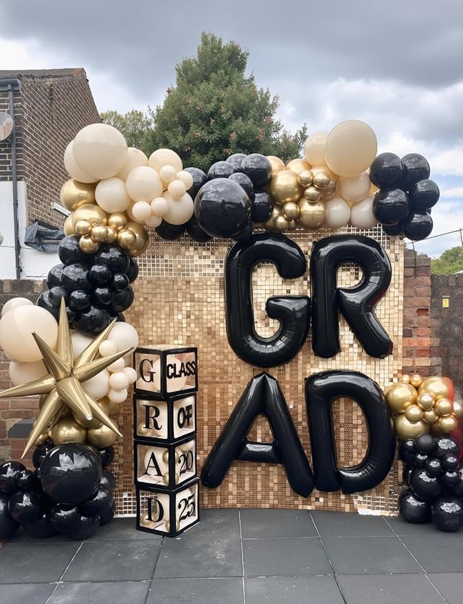 Black and Gold balloon Arch Garland Kit - Black Gold White Balloons with Sand White, Metallic Champagne Balloon, Star Foil Balloons for Graduation Birthday Wedding Party Decorations, 125Pcs