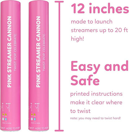 Pink Streamer Cannon Poppers | 2 Pack | Biodegradable Pink Streamers | TUR Party Supplies | Up to 25ft | Giant (12”) | Party Poppers for Graduation, Birthdays, and Bachelorette & Princess Parties