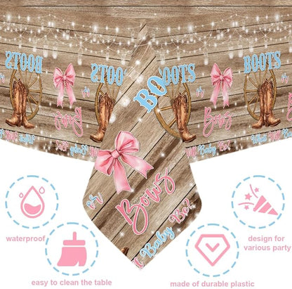 MEHOFOND Boots or Bows Gender Reveal Decorations Kit, 116Pcs Pink and Blue Balloon Arch Set with Rustic Western Backdrop and Tablecloth, What Will Baby Be Cowgirl Cowboy Gender Reveal Party Supplies