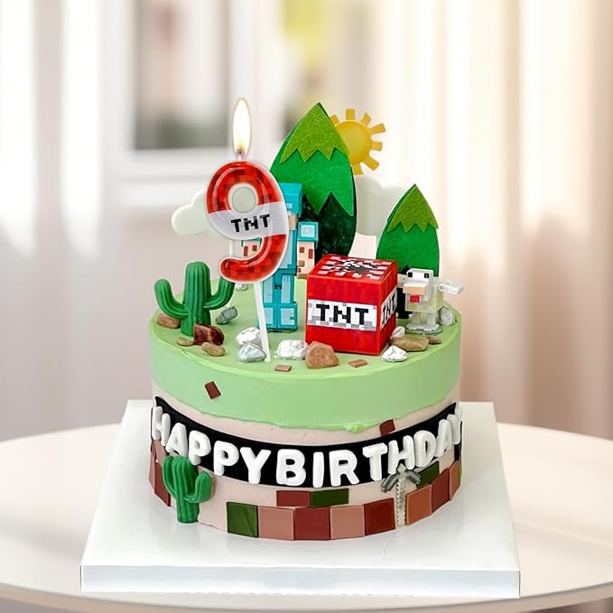 TNT Themed Birthday Candles for Boys Girls, Craft Pixels Cake Topper,Number 4 TNT Cake Toppers，Pixel Birthday Cake Candle,Kids Themed Birthday Party Supplies(Number 4)