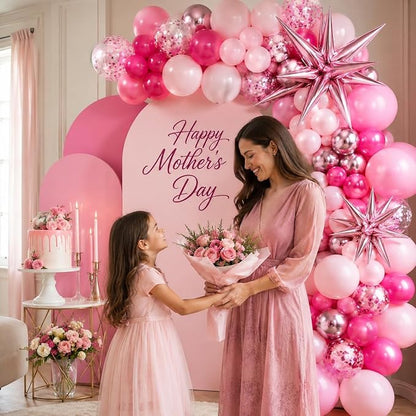 Pink Balloon Arch Kit with Star Foil Balloons, Metallic Pastel Pink Confetti Balloos for Happy Mothers Day Girls Women Birthday Wedding Baby Shower Princess Theme Party Decorations