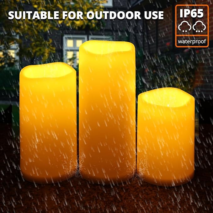 NURADA Large Waterproof Flameless Candles 6" 8" 10" x 4" - Outdoor Indoor LED Pillar Flickering Candle Battery Operated with Timer Remote for Patio Porch Lanterns - Ivory White Set of 3