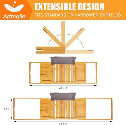 Artmalle Luxury Bathtub Caddy Tray for Tub - Foldable Bamboo Bath Table Tray with Book and Wine Glass Holder, Expandable Bathroom Accessories for Spa or Reading Lite Style