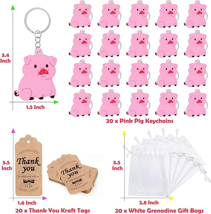 CiciBear 60 Pack Party Decorations for Guests, 20 Pink Pig Keychains, 20 Tags and 20 Gift Bags for Animal Lover, Kids Birthday, Baby Shower, First Birthday