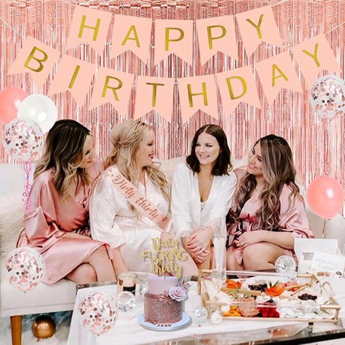 30th Birthday Party Decorations for Her, Rose Gold Dirty Thirty Banner Balloon Sash Cake Topper, 30 Years Old Birthday Party Supplies for Women