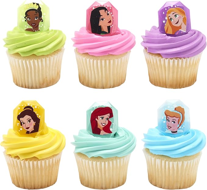 DecoPac Disney Princess Gemstone Rings, Cupcake Decorations Featuring Mulan, Cinderella, Tiana, Belle, Rapunzel and Ariel, Multicolored 3D Food Safe Cake Toppers – 24 Pack