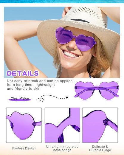 Kingdder 24 Pairs Heart Shaped Sunglasses Rimless Glasses Bulk Candy Color Tinted Eyewear Summer Party Favors