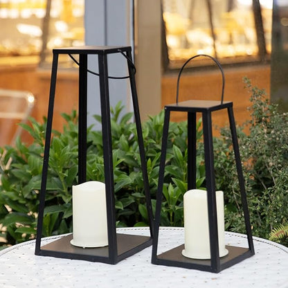 HPC Decor 2PCS Solar Lanterns for Outdoor Decor-20in 15.6in Black Metal Candle Lanterns w/ Waterproof Solar Powered Candles- Modern Farmhouse Hanging Decor for Front Porch,Yard Garden Patio