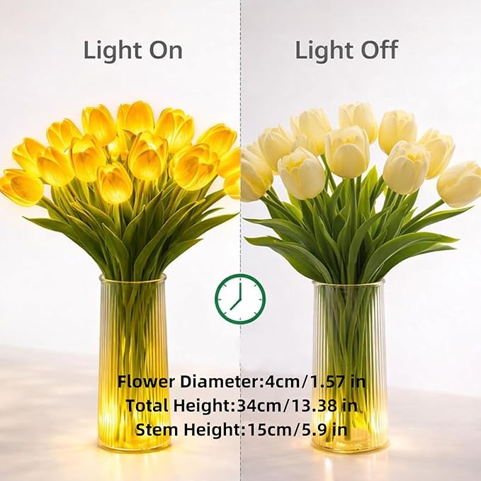 Radiant Romantic Tulip Night Light,15 PCS Twinkling Artificial Flower Shaped Ambient Night Lamp,Women LED Lighted Tulips Tree that Never Fade for Bedroom Bedside Bouquet Decor (White(Without Vase))