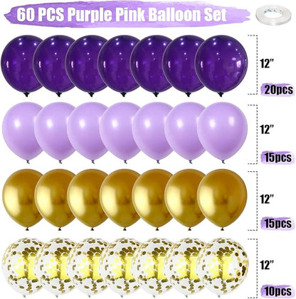 Purple and Gold Balloons, 60 Pcs Dark Purple Balloons with Confetti Gold Metallic Balloon, Globos Morados Lavender Balloon for Graduations Grad Prom Birthday Party Bridal Shower Decorations