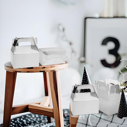 XAGLVV 24 Pack Silver Paper Gable Boxes with Handles, Treat Goodie Party Favor Gift Box for Wedding, Birthday, Baby Shower, Graduation