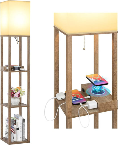 Mlambert Modern Shelf Floor Lamp with Wireless Charger & Fast Charging USB Ports & Type C Port & 2 Power Outlets,3 Tier Storage Lamp for Bedroom(Wood)