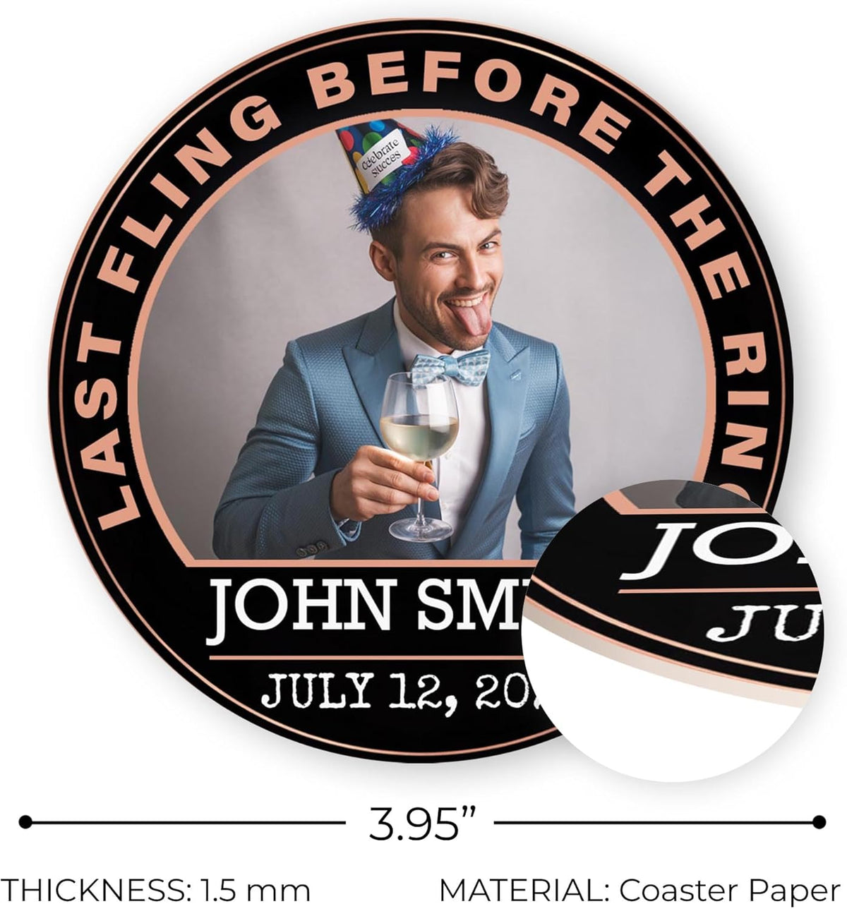 60 Pack Personalized Bachelor Party Coasters, Custom Cardboard Drink Coasters with Photo Print and Text, Fun Bachelor Party Favors and Gifts, 3.95" Round, Design 4