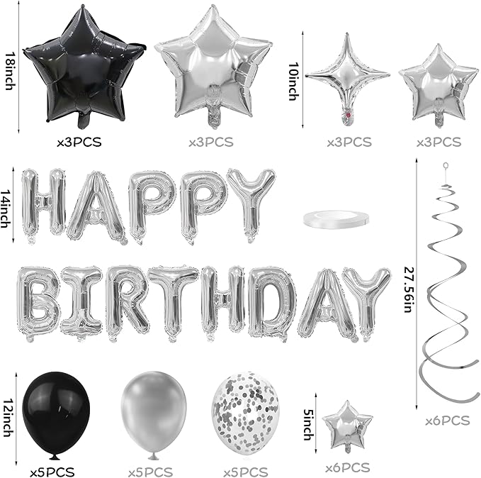56 PCS Happy Birthday Balloons Happy Birthday Banner Silver and Black Balloons for Boys Men Girls Women 16th 18th 20th 21st 25th 30th 40th 50th 60th Birthday Party Decorations