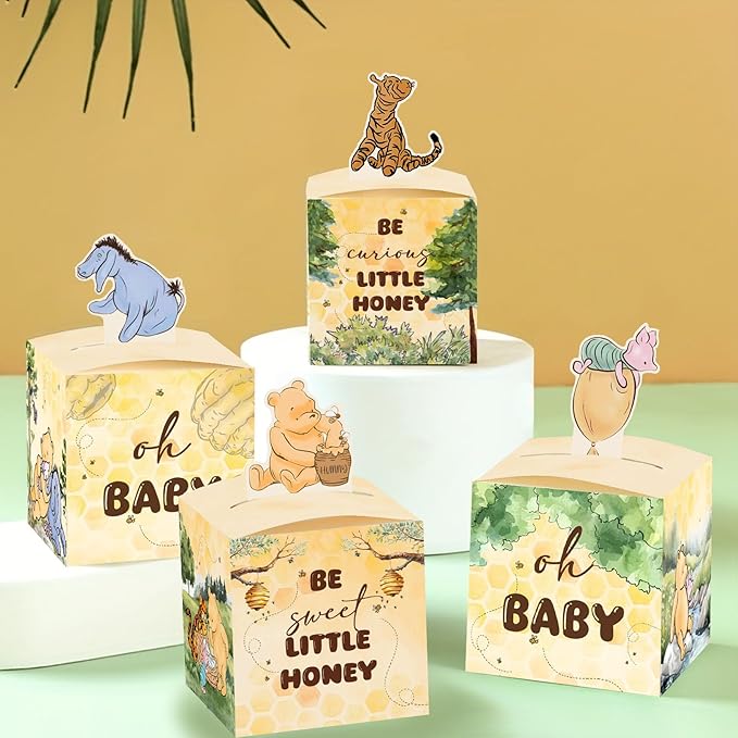 QZCYU 24pcs Winnie Baby Shower Decorations, Pooh Party Decorations, Baby Shower Table Sign Centerpieces, Animal Party Favor Boxes for Baby Showers, Birthdays, and Gender Reveals