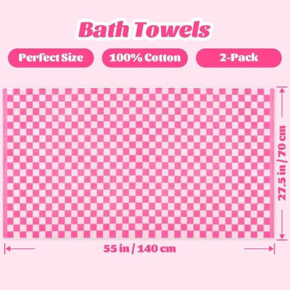 Jacquotha Hot-Pink Checkered Cotton Bath Towels Set of 2 - Cute Aesthetic Bathroom Towels for Women Girls Teens, Bathroom Decor 27.5" x 55"