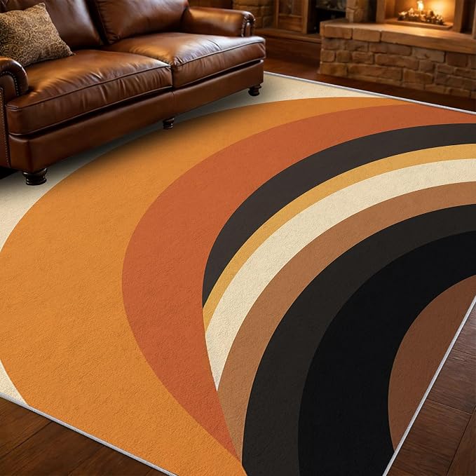 Mid Century Modern Area Rug 3x5, Washable Non-Slip Low Pile Retro Rainbow Rug for Living Room Bedroom Home Office, Abstract Boho Carpet in Terracotta Camel Cream and Black
