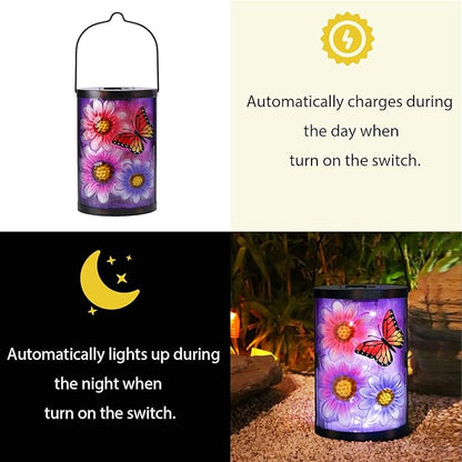 Afirst Hanging Solar Lantern Outdoor Butterfly Glass Lights Waterproof LED Lamp for Garden Yard Tree Desk Decor