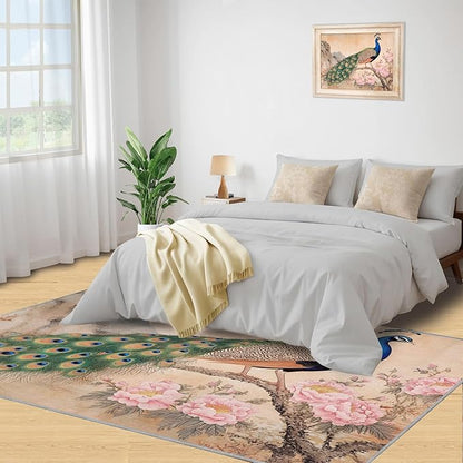 Peacock Peony Area Rug 5x7-5x7 Rug, Classic Peacock Peony Rugs for Living Room, Floral Animal Carpet, Peafowl Feather Washable Area Rugs for Bedroom, Aesthetics Carpet - Peafowl Home Decor & Gifts