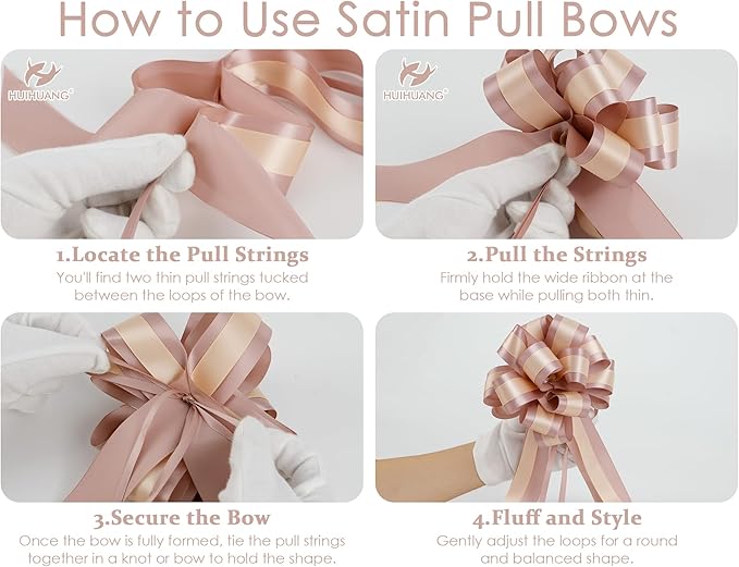 HUIHUANG Dusty Rose Pull Bows 6" x 10" Dusty Rose and Peach Double Layer Satin Gift Bows 12 PCS Pull Bow for Gift Wrapping, Gift Basket, Wine Bottles, Birthday, Wedding, Party Decor
