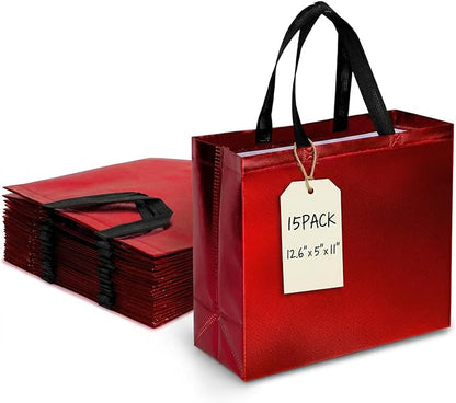 VGOODALL 15 Pack Reusable Gift Bags with Handles, 12.6x5x11 Inch Shiny Red Gift Bags for Party Favors Birthdays Weddings Packaging Supplies