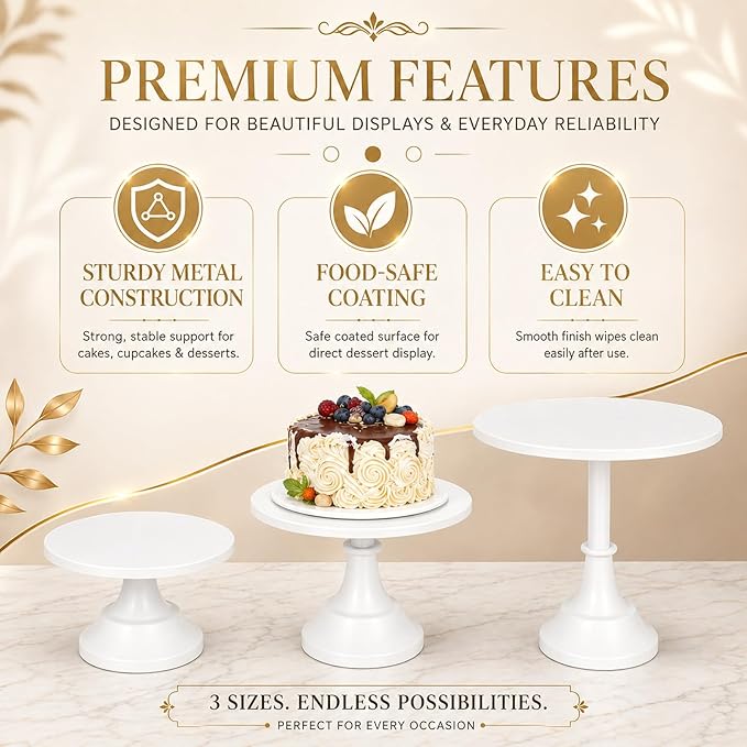 3-Pack White Metal Cake Stand Set, 8/10/12 Inch Tiered Display Stand with Pedestal Base for Wedding, Birthday, Baby Shower, Party Dessert Table