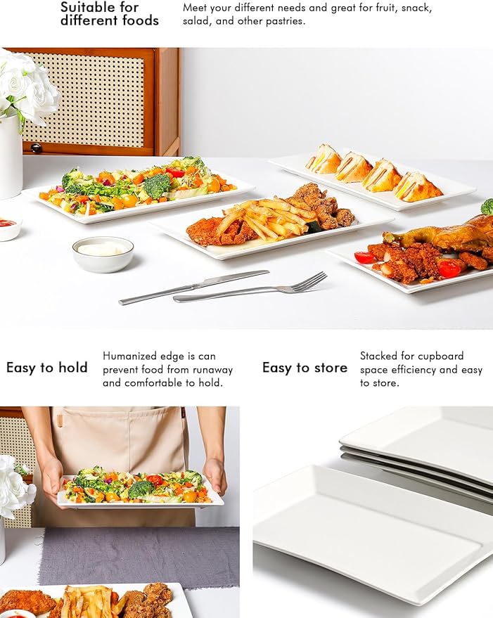 AISBUGUR 13" Serving Platters and Trays, White Serving Platters Set of 4, Large Platters for Serving Food Party, Daily and Entertaining, Ceramic Rectangular Plates for Steak, Taco, Snack, Appetizer