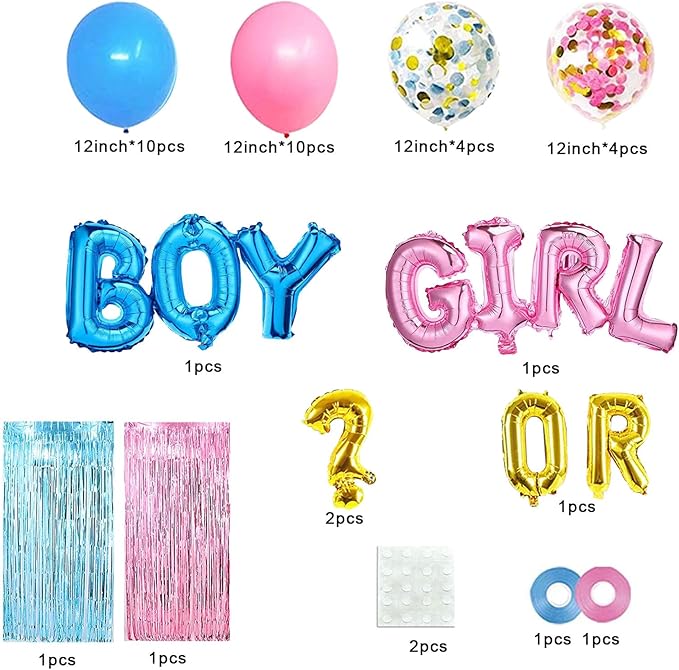 Gender Reveal Party Supplies Kit, Pink and Blue Balloons, Boy or Girl Foil Balloons, Tinsel Curtain, Gender Reveal Party Baby Photo Backdrop for Baby Shower Decorations