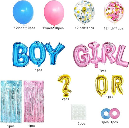 Gender Reveal Party Supplies Kit, Pink and Blue Balloons, Boy or Girl Foil Balloons, Tinsel Curtain, Gender Reveal Party Baby Photo Backdrop for Baby Shower Decorations