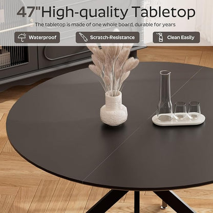 RGZ Mid Century Black Round Dining Table Set for 6, 47" Large Wooden Circle Kitchen Table & 6 Light Gray PU Leather Kitchen Chairs, Dinner Table Set for Home, Apartment, Dining Room