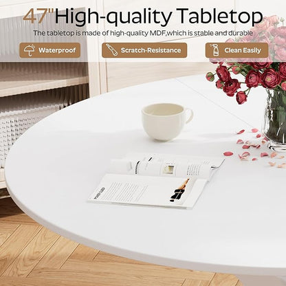 RGZ Mid Century White Round Dining Table Set for 4, 47" Large Wooden Circle Kitchen Table & 4 White PU Leather Kitchen Chairs, Dinner Table Set for Home, Apartment, Dining Room