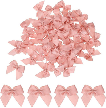 MECCANIXITY 50 Pcs Mini Ribbon Bow 1" Mini Fabric Satin Ribbon Flower Bows for Craft DIY Sewing Wedding Birthday Party Gift Wrap Bows Nude Pink