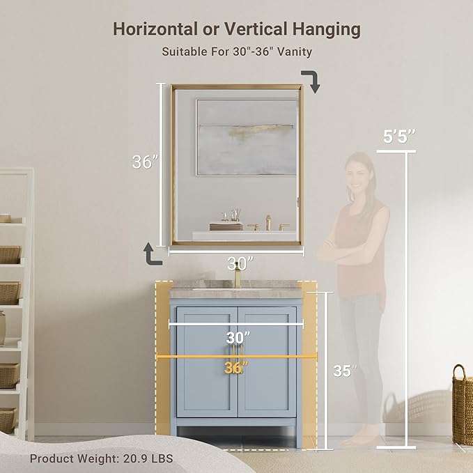 Gold Bathroom Mirror, 30x36 Brushed Gold Bathroom Mirror Beveled Edge, Gold Framed Rectangle Bathroom Vanity Mirror, Anti-Rust Brushed Brass Metal Frame Wall Mirror Vertical/Horizontal