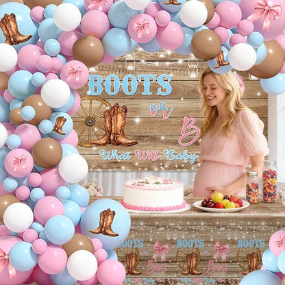 MEHOFOND Boots or Bows Gender Reveal Decorations Kit, 116Pcs Pink and Blue Balloon Arch Set with Rustic Western Backdrop and Tablecloth, What Will Baby Be Cowgirl Cowboy Gender Reveal Party Supplies