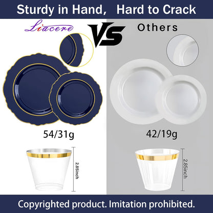 Liacere 350PCS Navy Blue Plastic Plates-Disposable Blue Gold Plates 50guest Plastic Dinnerware include 100Plates,50Pack Pre Rolled Napkins with Silverware 50Cups for Wedding＆Halloween