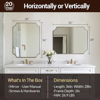 ANDY STAR 28"x36" Gold Mirror, Brushed Brass Bathroom Vanity Mirror, Scalloped Wall Mirror with Rust-Proof Stainless Steel Metal Thin Frame Deep 1", Hangs Vertically or Horizontally