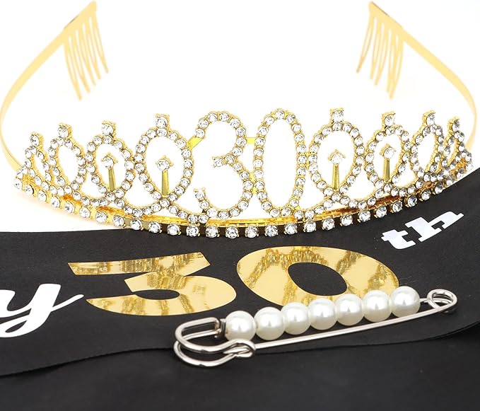 CAVETEE Gold Birthday Crown and Tiara for Women, Sash for Girls - Birthday Party Decoration