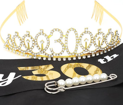 CAVETEE Gold Birthday Crown and Tiara for Women, Sash for Girls - Birthday Party Decoration