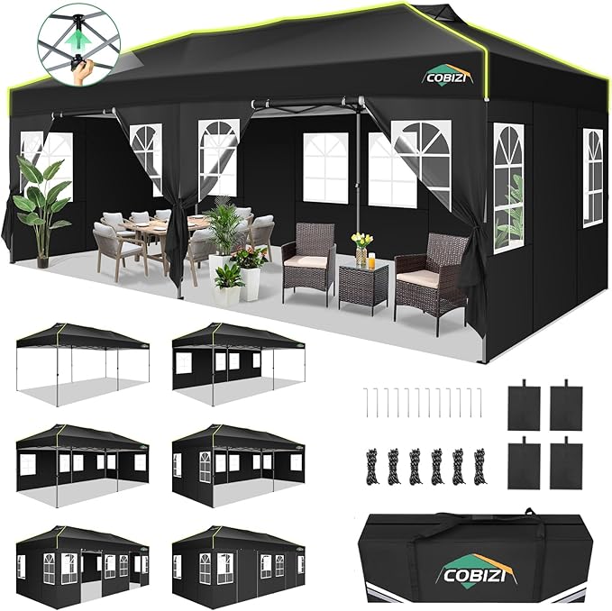 COBIZI 10x20 Pop Up Canopy Tent with 6 Removable Sidewalls, One Push Party Tent Outdoor Waterproof Event Canopy with Air Vent for Parties Commercial Wedding, 3 Height, Carry Bag, Sandbag, Black