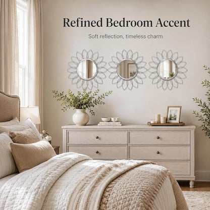 Silver Flower Mirror Set of 3, 3PCS Metal Round Decorative Wall Mirrors, Floral Petal Accent Mirror Wall Decor for Bathroom, Living Room, Bedroom & Entryway