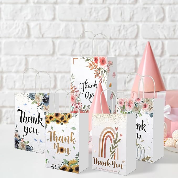 20Pcs Thank You Gift Bags with Handles, 8.2" x 5.8"x3.15" Flower Design Kraft Paper Gift Bags, Party Favor Bags for Wedding Birthday Shower Thanksgiving