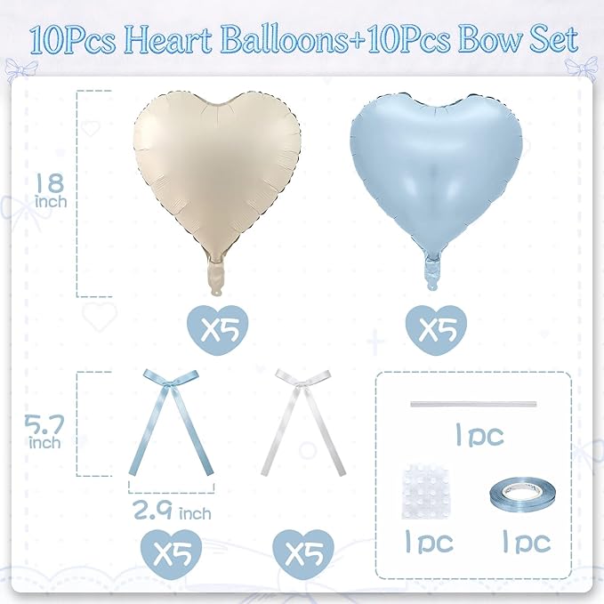 Blue White Heart Balloons with Ribbon Bow, 10 Pcs Baby Blue Cream Heart Shape Foil Balloons, 18 Inch Helium Balloon with Bow Decoration for Boy Baby Shower Baptism Brithday Bridal Shower Party Decor